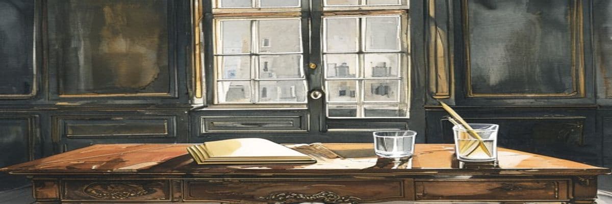 A Georgian mahogany desk with open manila folder, London light