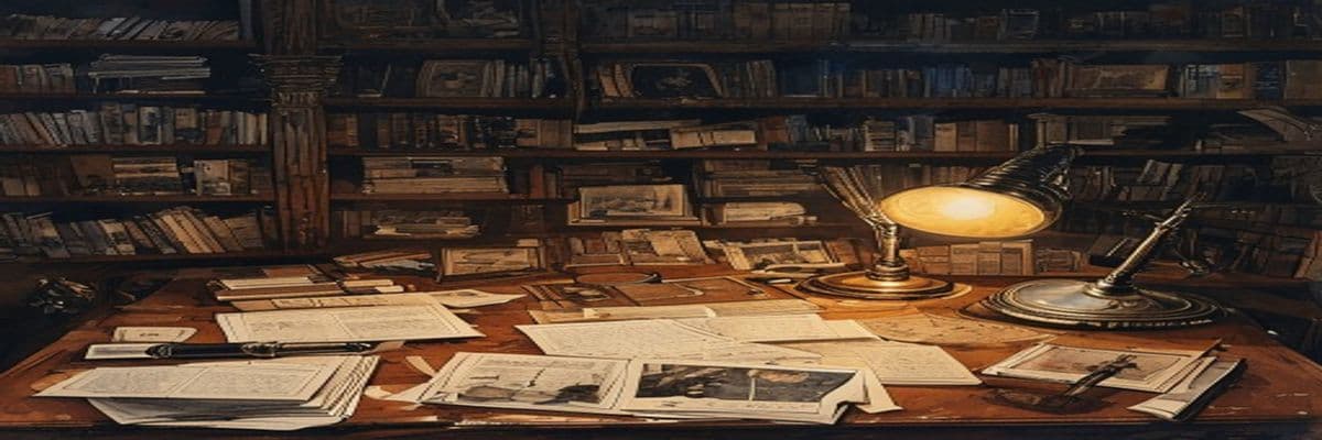 Mahogany table scattered with photographs of old master paintings