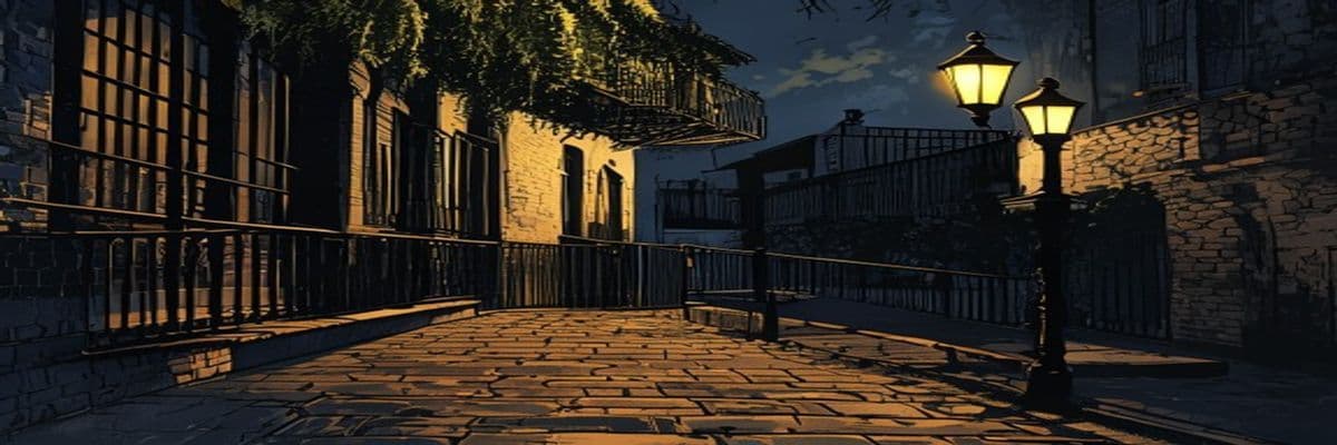 Narrow Bywater street at night, long shadow without a source