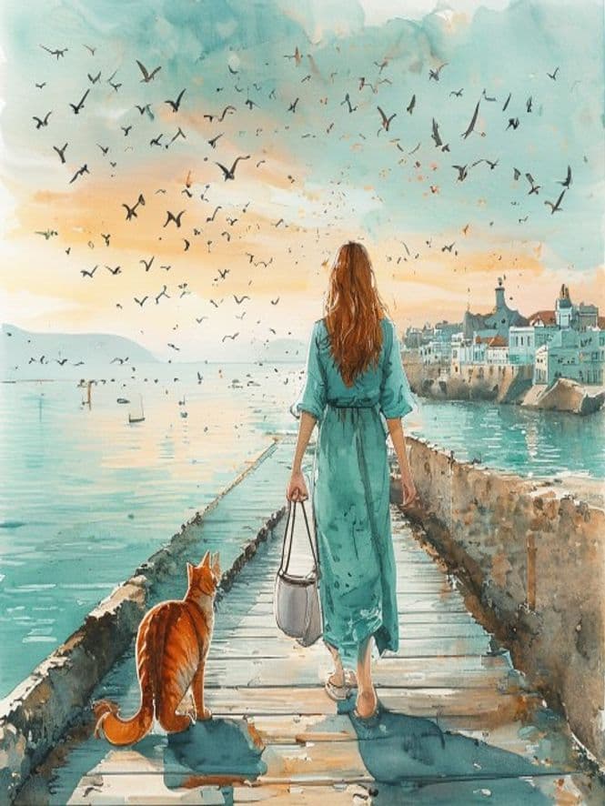 Margot walking Professor Whiskers along the harbour at dawn