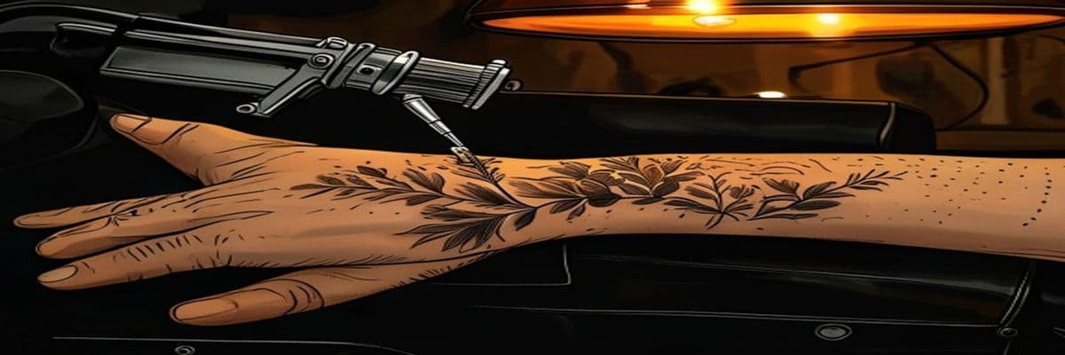 Tattoo machine at rest, amber and black ink caps, fresh linework