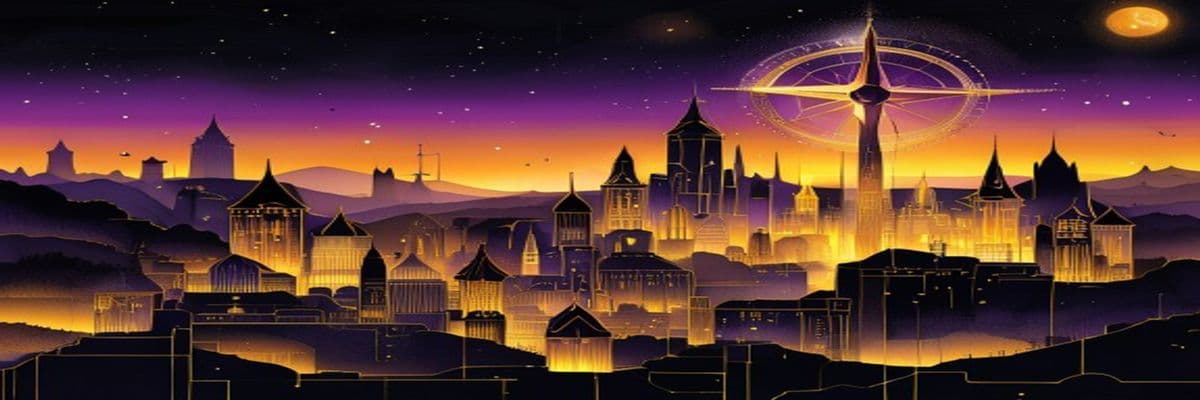 The Veiled City spirit plane, amber geometric buildings, compass rose