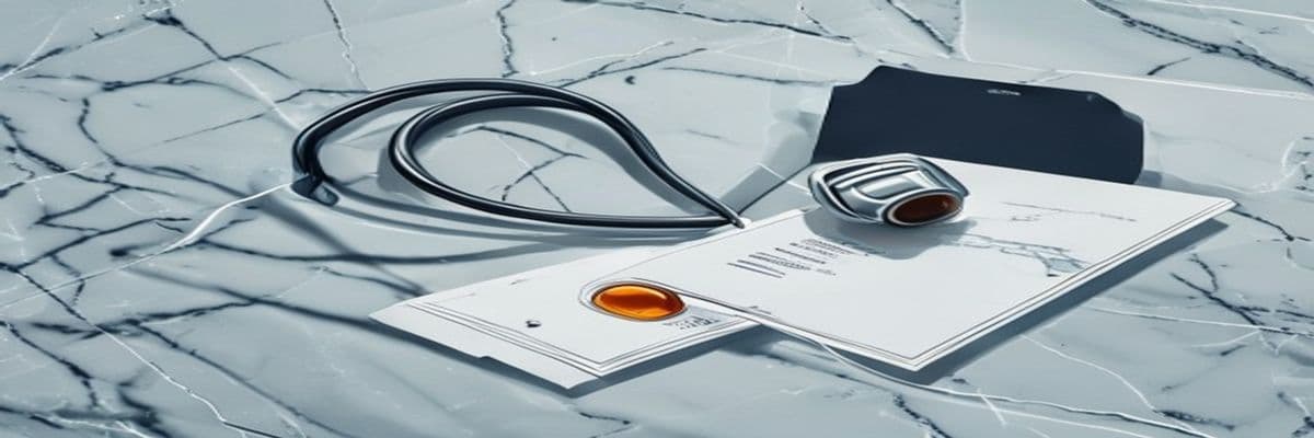 Secret Service earpiece on cold marble, ID badge face-down